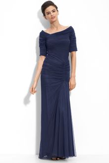 Tadashi Shoji Asymmetrical Ruched Mesh Gown - Lyst