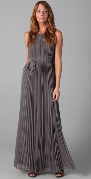 Halston Heritage Pleated Long Dress in Gray (ash) - Lyst