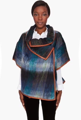  Mohair Leather Trim Plaid Cape 