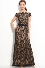 Tadashi Shoji Lace Overlay Off Shoulder Gown