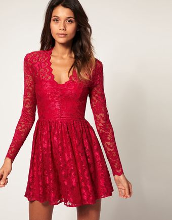 ASOS Collection Asos Lace Skater Dress with Long Fitted Sleeves - Lyst