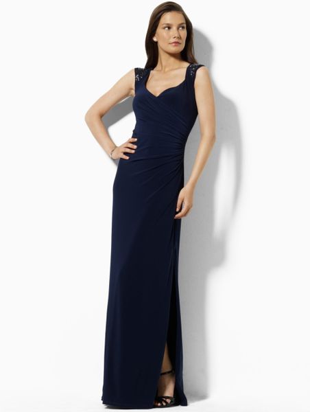 Lauren By Ralph Lauren Beaded Capsleeved Gown in Blue (navy) - Lyst