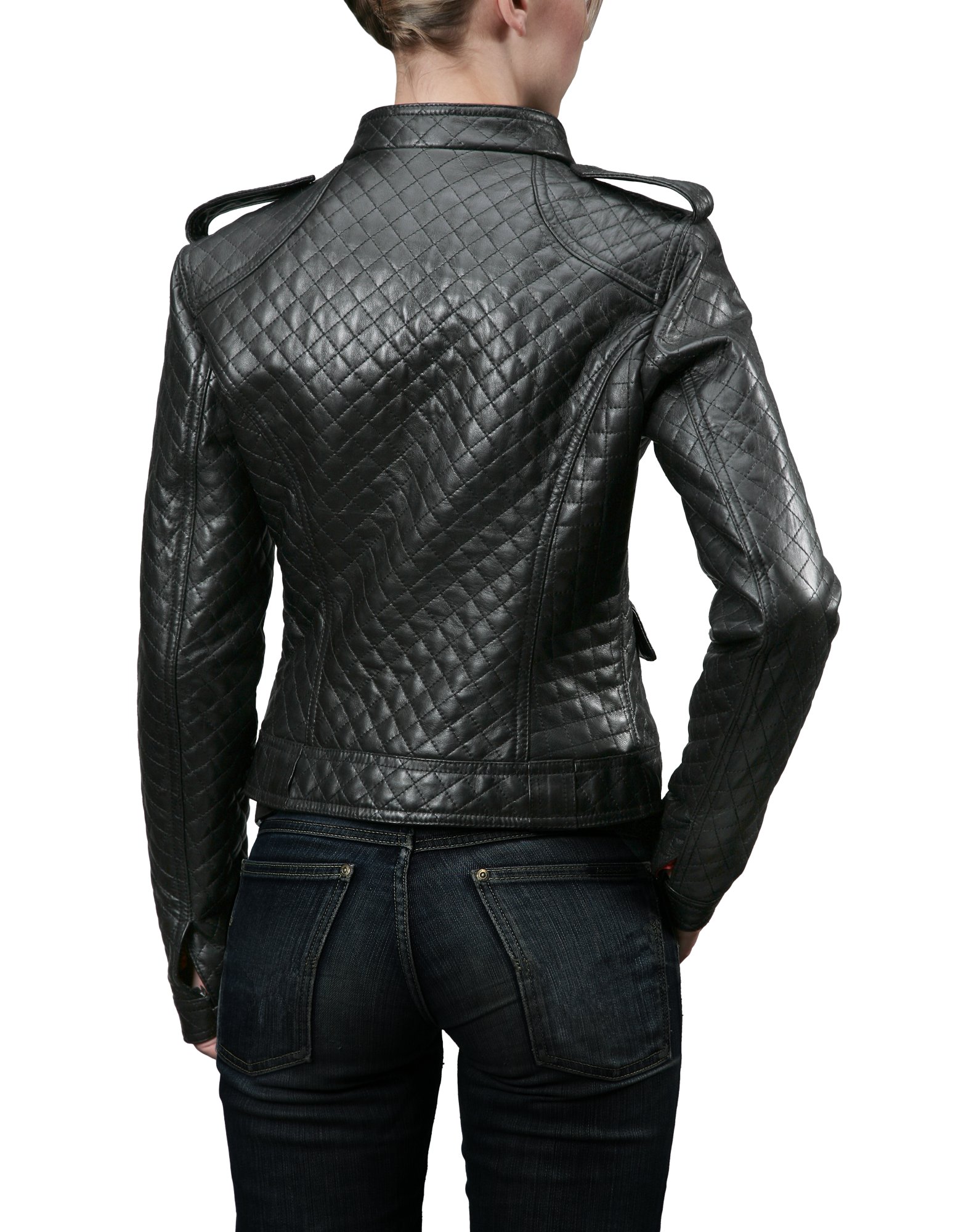 Forzieri Womens Black Quilted Leather Zip Motorcycle