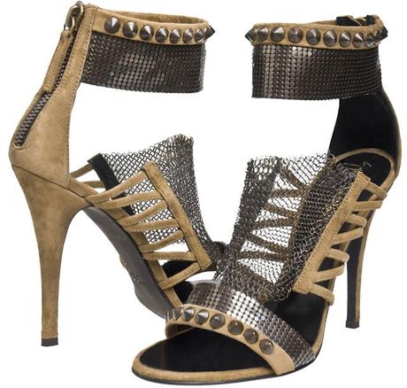 Balmain Suede Sandal with Chainmail Detail in Khaki - Lyst