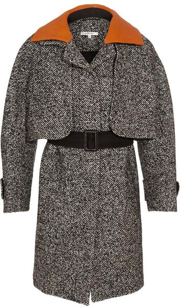 Carven Tweed Capecoat with Leather Collar in Black - Lyst