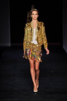 Roberto Cavalli Spring 2012 Multi Psychedelic Print Mini Skirt With Gold Sequins Outlining Pleats - Lyst