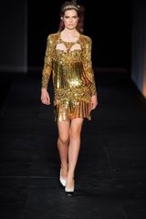 Roberto Cavalli Spring 2012 Long Sleeved Gold Sequin Dress With Multicolored Print Detail