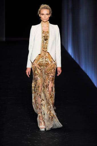 Roberto Cavalli Spring 2012 Sheer Nude Maxi Dress With Gold Sequin Embellishments - Lyst
