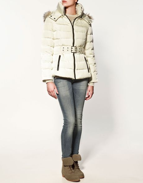 Zara Quilted Anorak with Fur Hood in White | Lyst