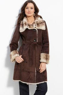 Ellen Tracy Long Belted Faux Shearling Coat - Lyst