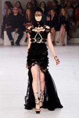 Alexander McQueen Spring 2012 Chiffon And Lace Maxi Dress With Ruffles And Metallic Detailing 