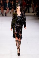 Alexander McQueen Spring 2012 Black Cut Out Shiny Leather Knee Lenght Skirt with Tulle Trimmed Bottom