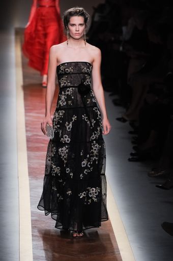 Valentino Spring 2012 Strapless Black Lace Maxi Dress With Floral Applique - Lyst