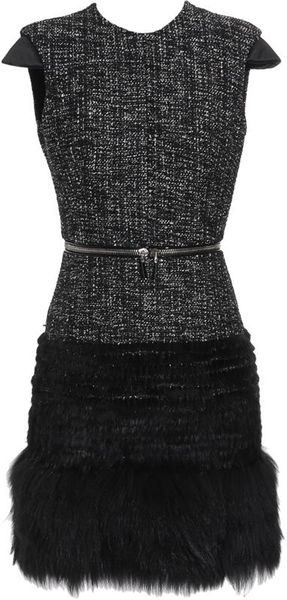 Alexander Mcqueen Bouclé Tweed Wool Blend Dress with Mink Fur Trim in Black (black white) - Lyst