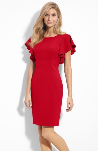 Calvin Klein Stretch Luxe Ruffle Sleeve Stretch Sheath Dress in Red | Lyst