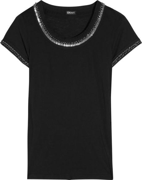 Dkny Beadembellished Cotton Tshirt in Black - Lyst