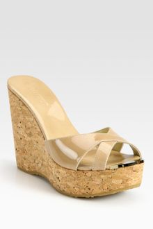 Jimmy Choo Patent Leather and Cork Wedge Sandals - Lyst