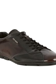 Prada Dark Brown Shined Leather Lace-up Sneakers - Lyst