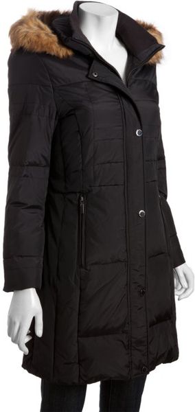 Anne Klein Black Quilted Down Faux Fur Trim Hooded Coat in Black - Lyst