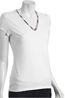 Burberry London White Stretch Cotton Nova Check Trim V Neck T Shirt - Lyst