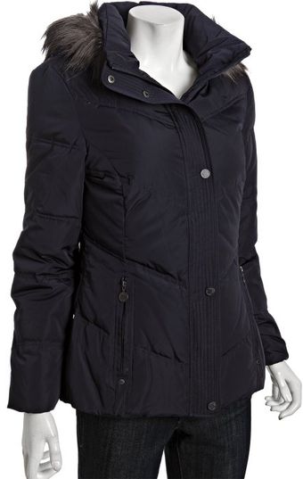  Navy Down Faux Fur Trimmed Hood Zip Front Jacket 