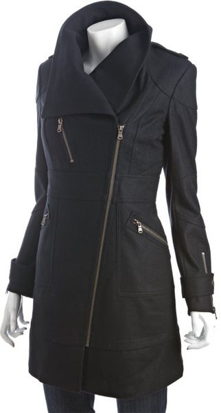  Black Wool Blend Asymmetrical Zip Front Motorcycle Jacket 