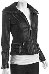 Michael by Michael Kors Black Leather Knit Collar Bomber Jacket