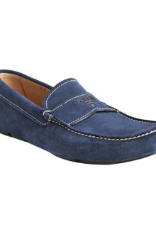 Prada Blue Suede Logo Moc Loafers - Lyst