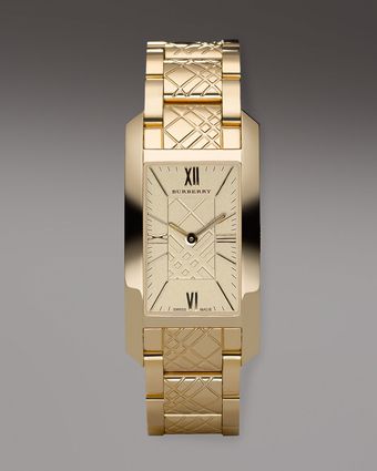  Check-engraved Rectangular Watch, Golden 