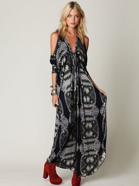 Free People Printed Open Shoulder Kaftan in Black (black combo) - Lyst