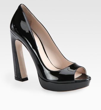  Patent Leather Peep Toe Flared Heel Pumps 