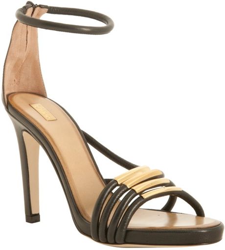 Chloé Black Leather Gold Bar Strappy Sandals in Black - Lyst
