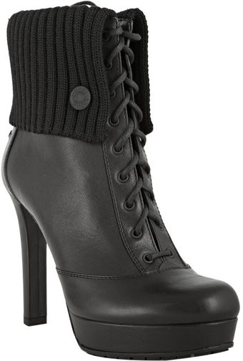  Black Leather Rib Knit Trim Lara Platform Booties 