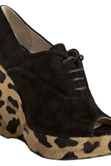 Prada Suede Leopard Print Calf Hair Peep Toe Wedges - Lyst