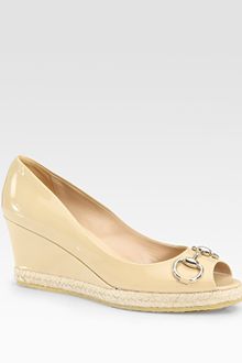 Gucci Charlotte Patent Leather Peep Toe Wedge Pumps - Lyst