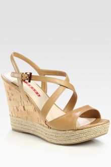 Prada Leather Espadrille Wedge Sandals - Lyst