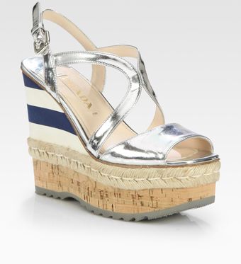 Prada Metallic Leather Espadrille Wedge Sandals - Lyst
