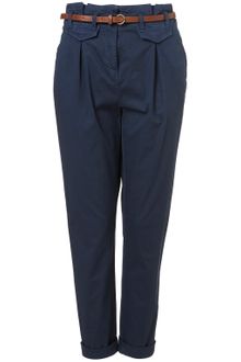 Topshop Navy High Waisted Belted Chino - Lyst