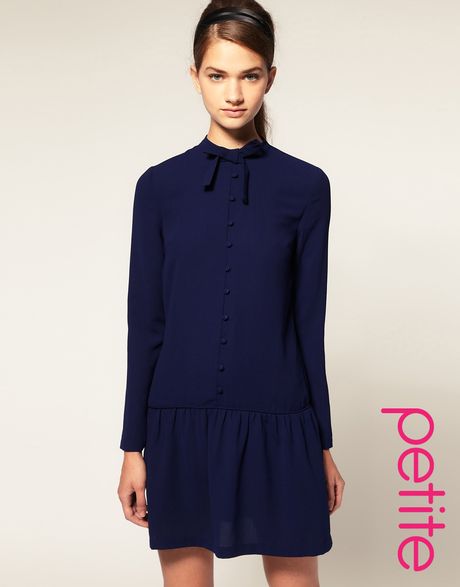 Asos Collection Asos Petite Drop Waist Dress with Pussy Bow in Blue - Lyst