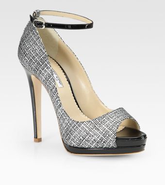 Oscar de la Renta Amalia Tweed-print Patent Leather Peep Toe Platform Pumps - Lyst