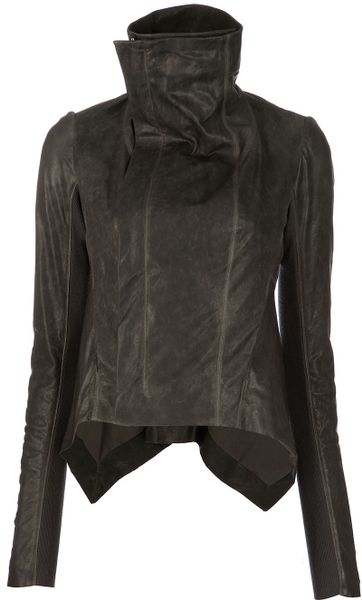 Rick Owens Funnel Neck Leather Jacket in Gray (grey) - Lyst