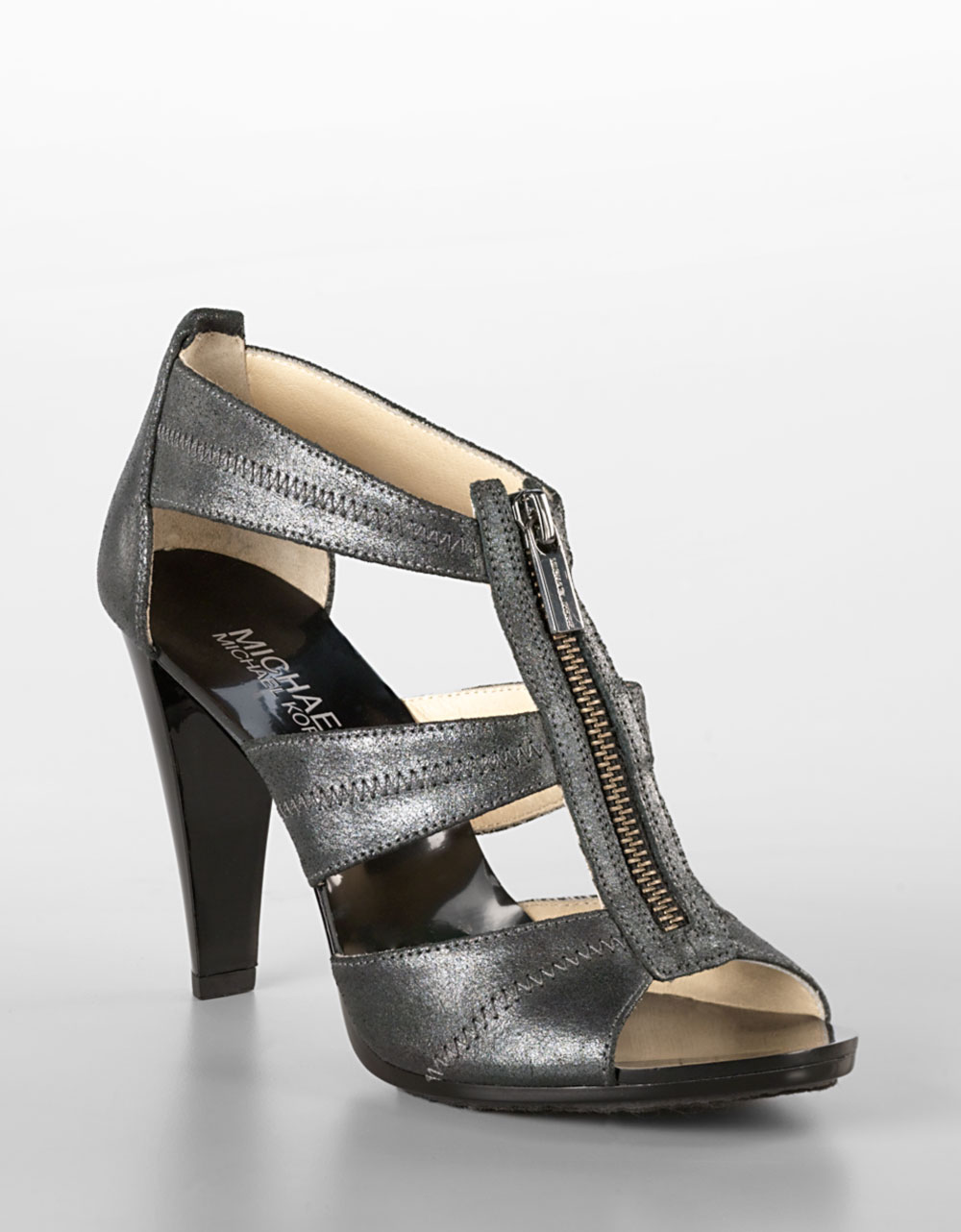 Michael Michael Kors Berkley T-strap Sandals with Zipper Detail in Silver (pewter glitter) | Lyst