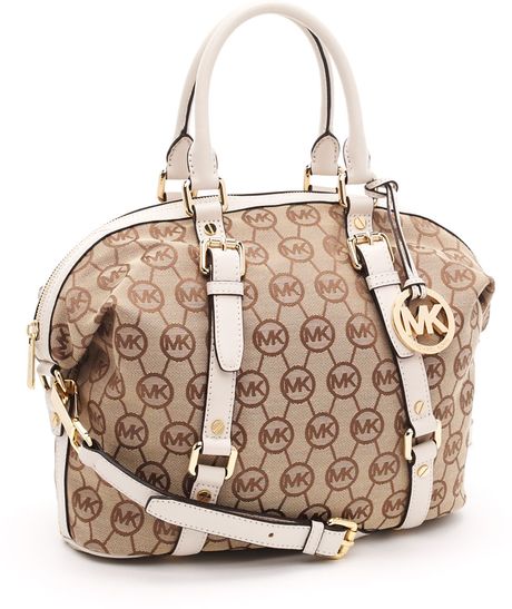 Michael By Michael Kors Medium Bedford Satchel Monogram in Beige - Lyst