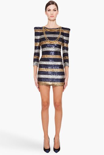 Balmain Silk Stripe Sequin Dress - Lyst