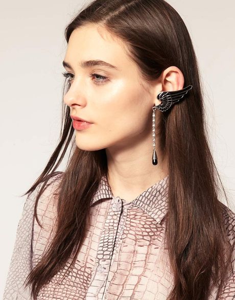 Asos Collection Asos Wing & Drop Ear Cuff in Black - Lyst