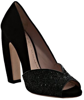  Black Suede and Glitter Peep Toe Pumps 