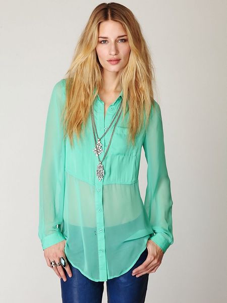 Free People Sheer Buttondown Tunic in Green (mint julep) - Lyst