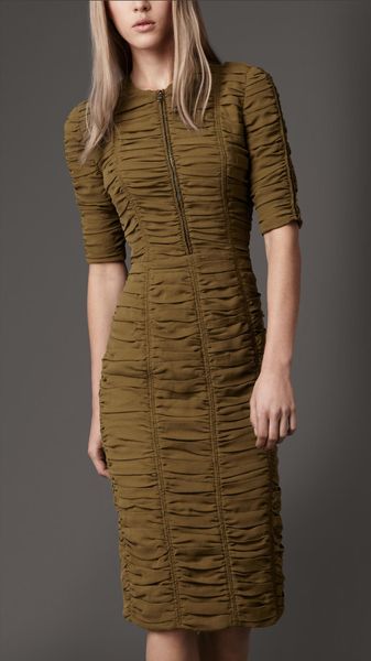 Burberry Zip Front Ruched Dress in Khaki (khaki green) - Lyst