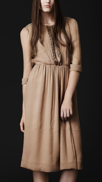 Burberry Prorsum Beaded Silk Crépon Dress in Brown (foundation) - Lyst