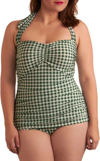  Bathing Beauty One Piece in Green Gingham - Plus-size 